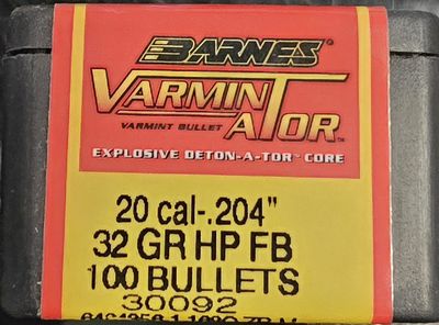 Barnes 20 Cal .204 32 Gr Varminator HP FB 100 Bullets