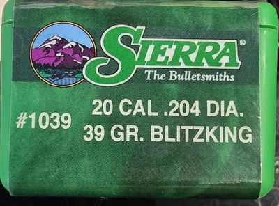 Sierra 20 Cal. .204 Dia. 39 gr. Blitzking 100 Bullets