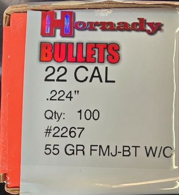 Hornady 22 Cal. .224 55 Gr. FMJ-BT W/C 100 Bullets
