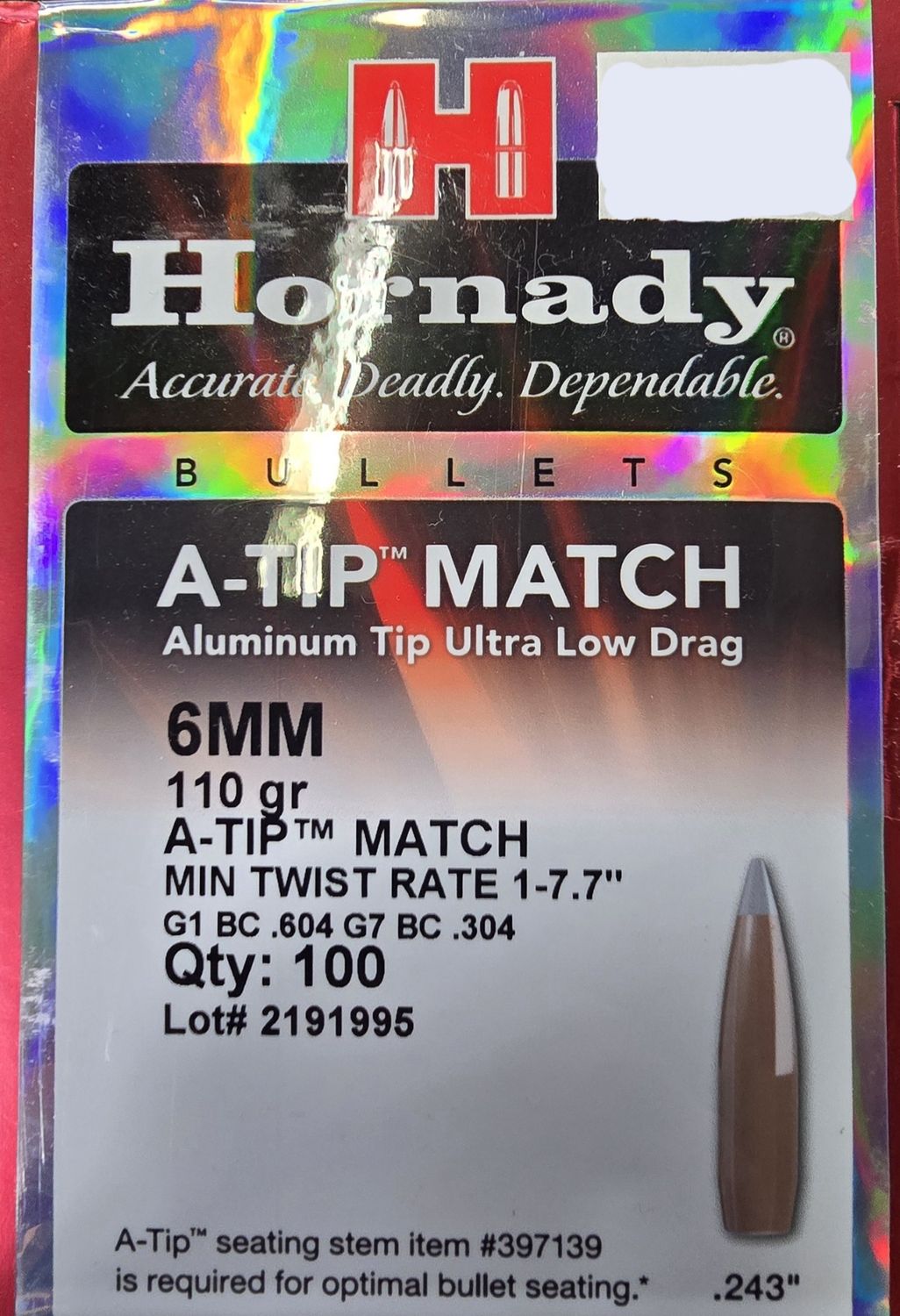 Hornady 6mm .243 110 Gr. A-TIP Match 100 Bullets