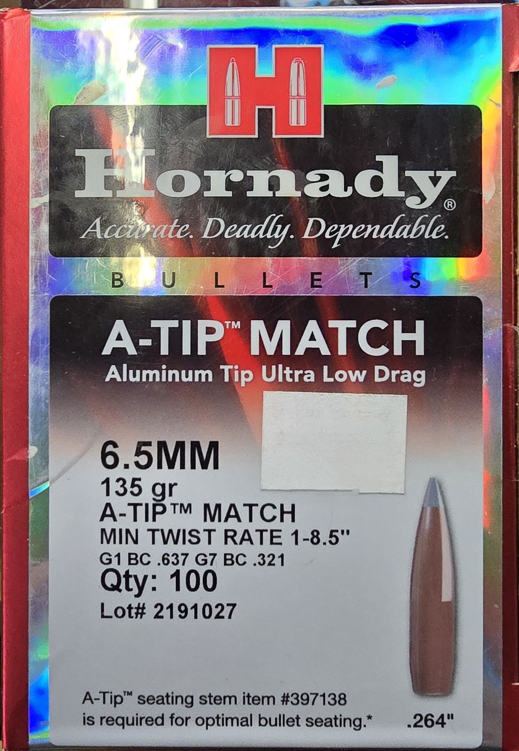 Hornady A-Tip Match 6.5 mm 135 Gr. 100 Bullets