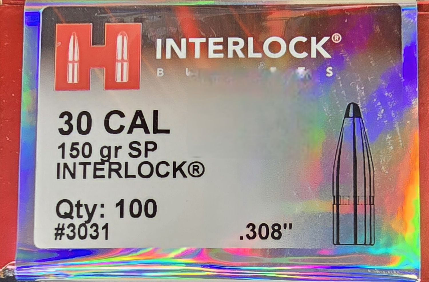Hornady Interlock 30 Cal. 150 Gr. .308 SP 100 Bullets