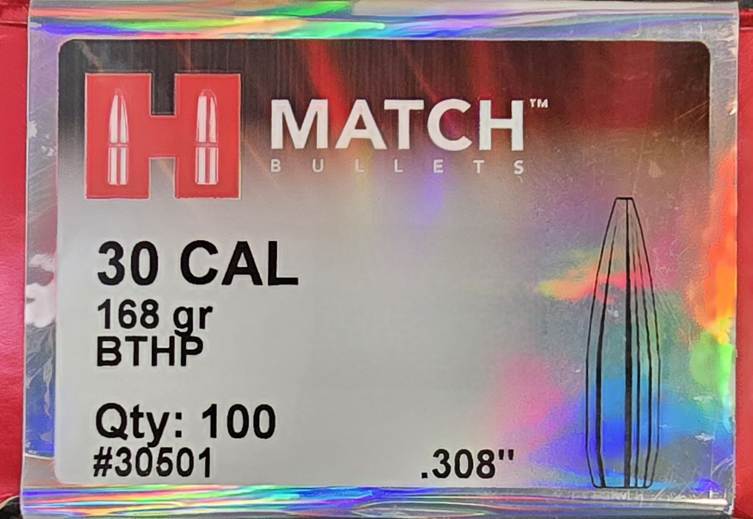 Hornady Match 30 Cal. 168 Gr. BTHP 100 Bullets