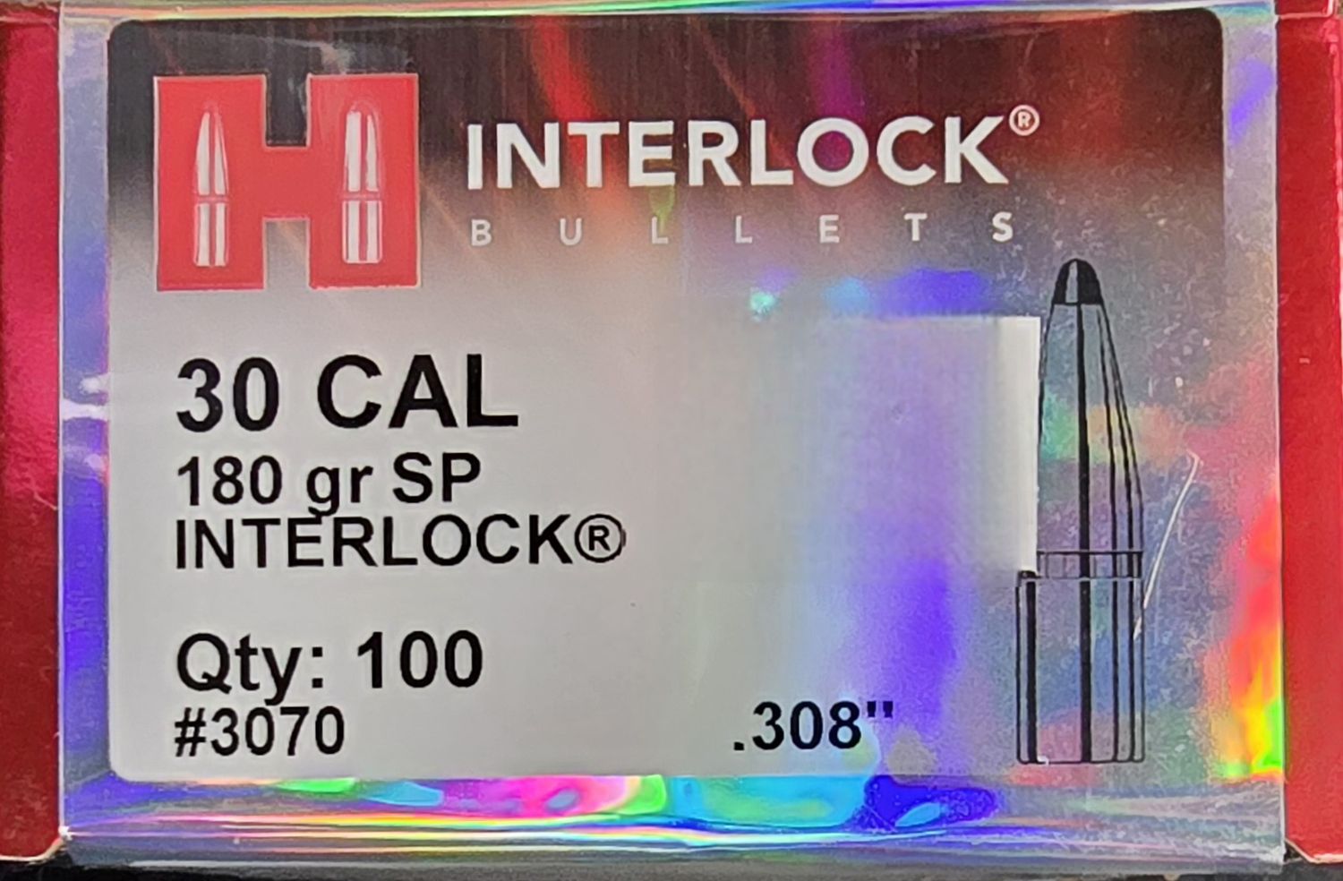 Hornady Interlock 30 Cal. 180 Gr. SP 100 Bullets
