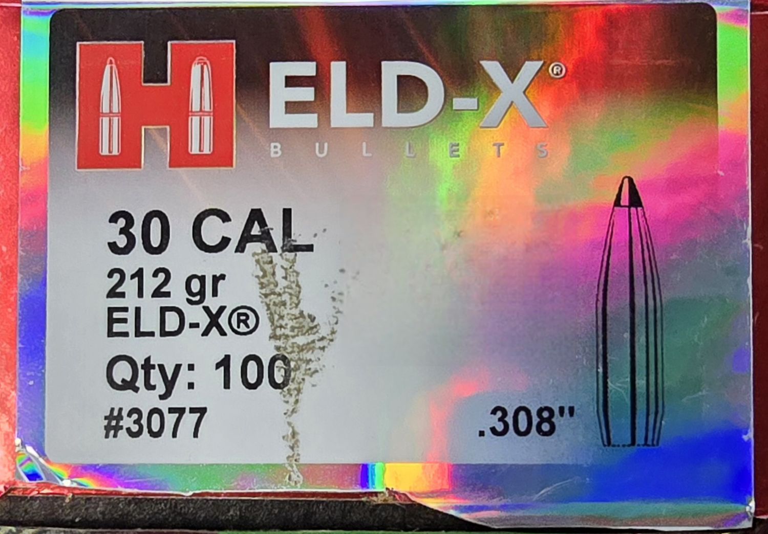 Hornady ELD-X 30 Cal. .308 212 Gr. 100 Bullets