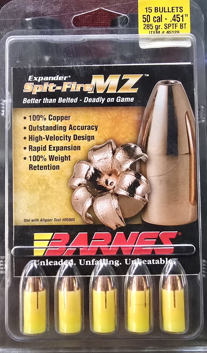 Barnes Spit-Fire MZ 50 Cal. .451 285 Gr. SPTF BT