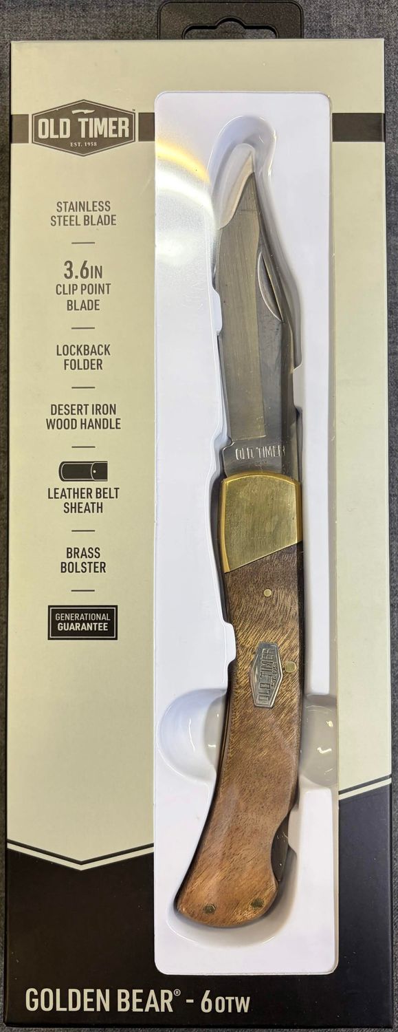 Old Timer Golden Bear Folding Knife with Leather Belt Sheath