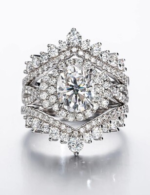 Royalty Oval Cut Vvs1 Moissanite Curved Bridal Engagement Ring Set (size-8)
