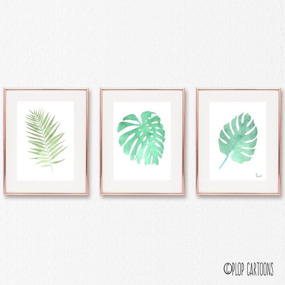 Botanical Leaf Art Prints, Mostera Leaf, Arcea Leaf, Split Leaf Philadendron