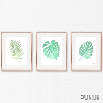 Botanical Leaf Art Prints, Mostera Leaf, Arcea Leaf, Split Leaf Philadendron