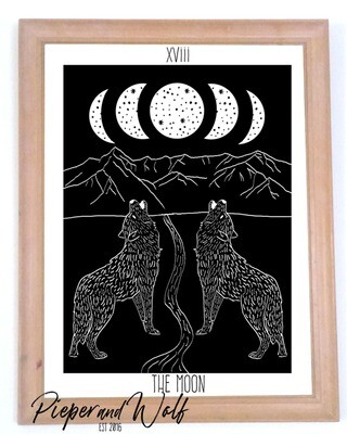 The Moon Tarot Card Art Print Wall Art Wolf Art Moon Phases Witch Art Mountains Nature