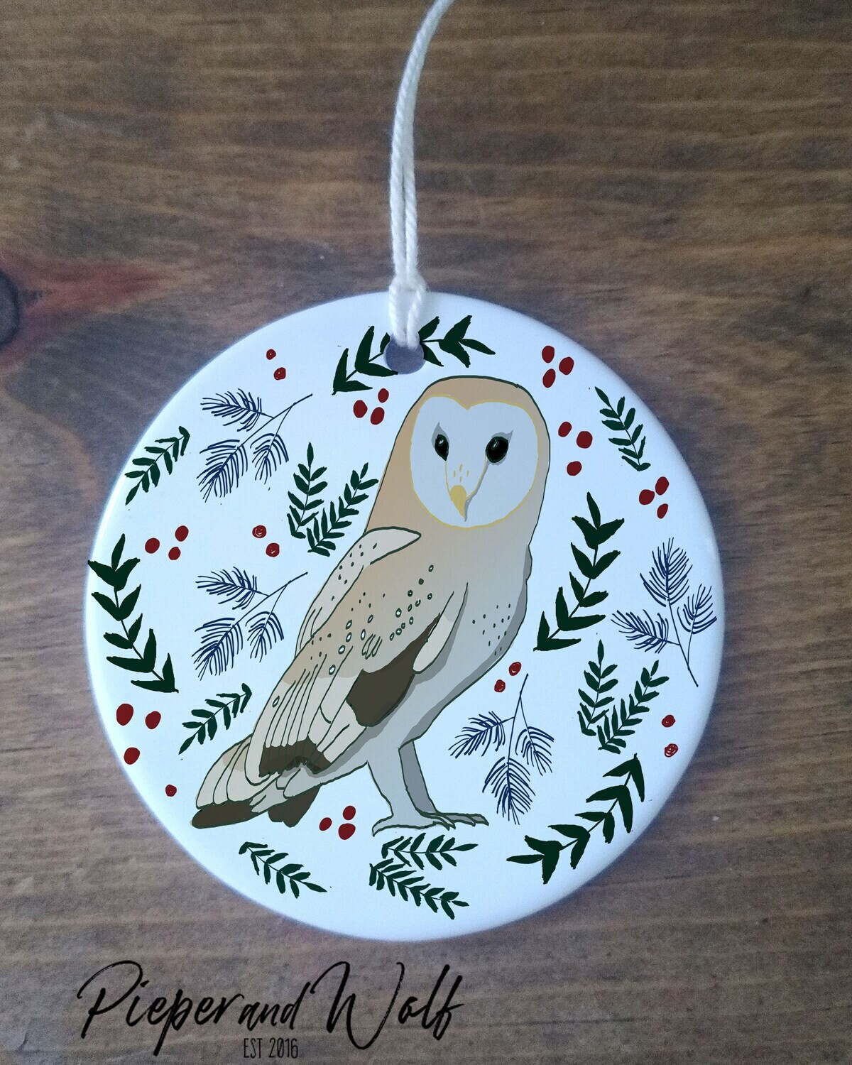 Owl Christmas Ornament White Porcelain Illustration Holiday Decor Host Hostess Gift Idea Bird Animal