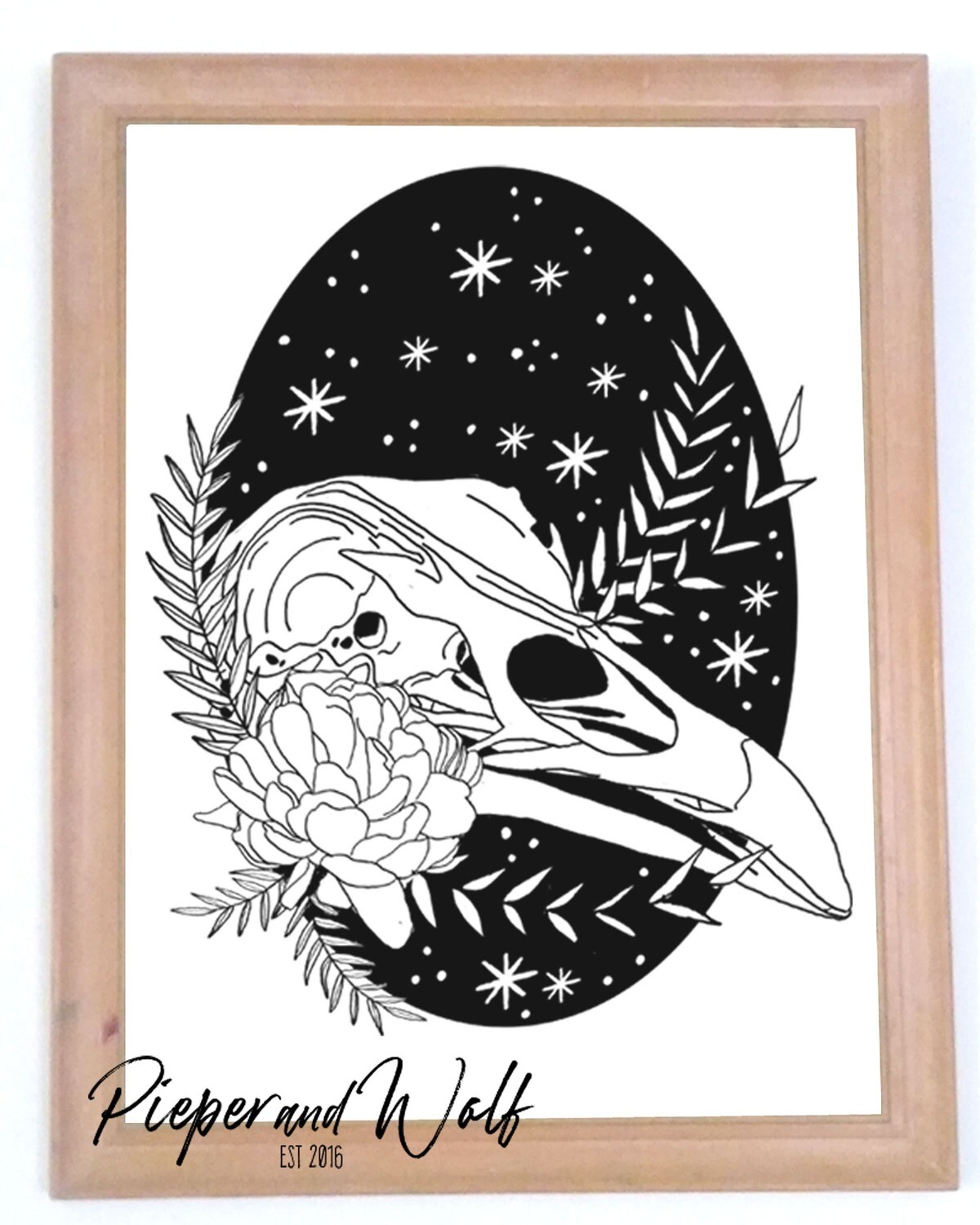 Cosmic Bird Skull Art Print Floral Vine Starry Night Space Witch Art Halloween Decor