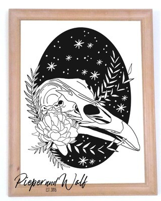 Cosmic Bird Skull Art Print Floral Vine Starry Night Space Witch Art Halloween Decor