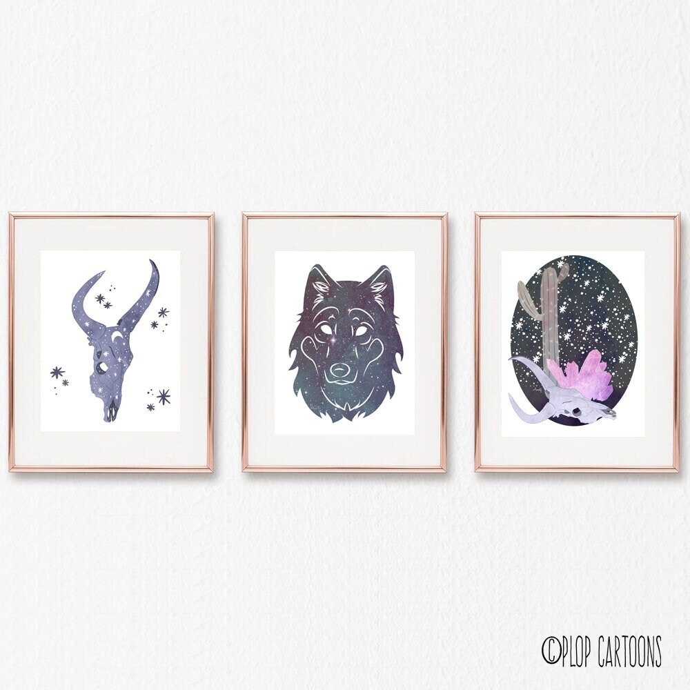Cosmic Desert Watercolor Giclee Art Prints; Wolf, Cow Skull, Desert Landscape Cactus Moon Stars Dog Celestial Space Galaxy