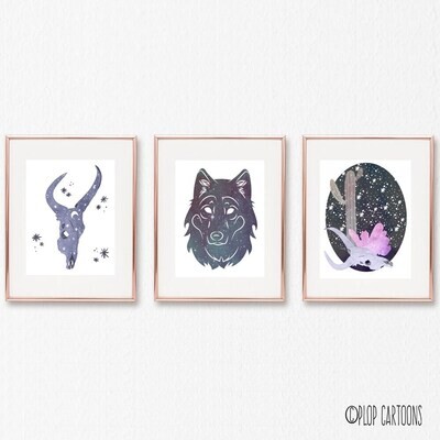 Cosmic Desert Watercolor Giclee Art Prints; Wolf, Cow Skull, Desert Landscape Cactus Moon Stars Dog Celestial Space Galaxy