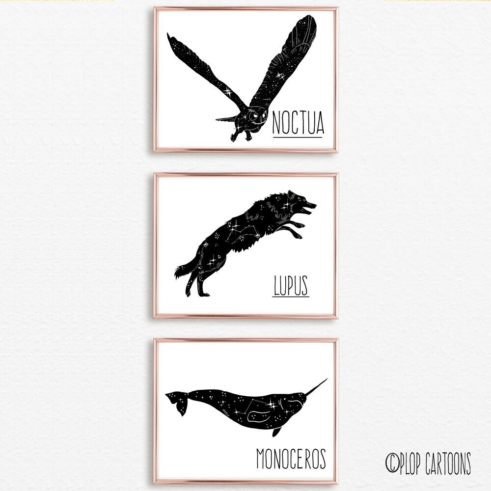 Cosmic Constellation Zodiac Art Print Lupus Wolf Noctua Owl Monoceros Narwhal Starry Space Celestial Wall Art Galaxy Illustration Giclee