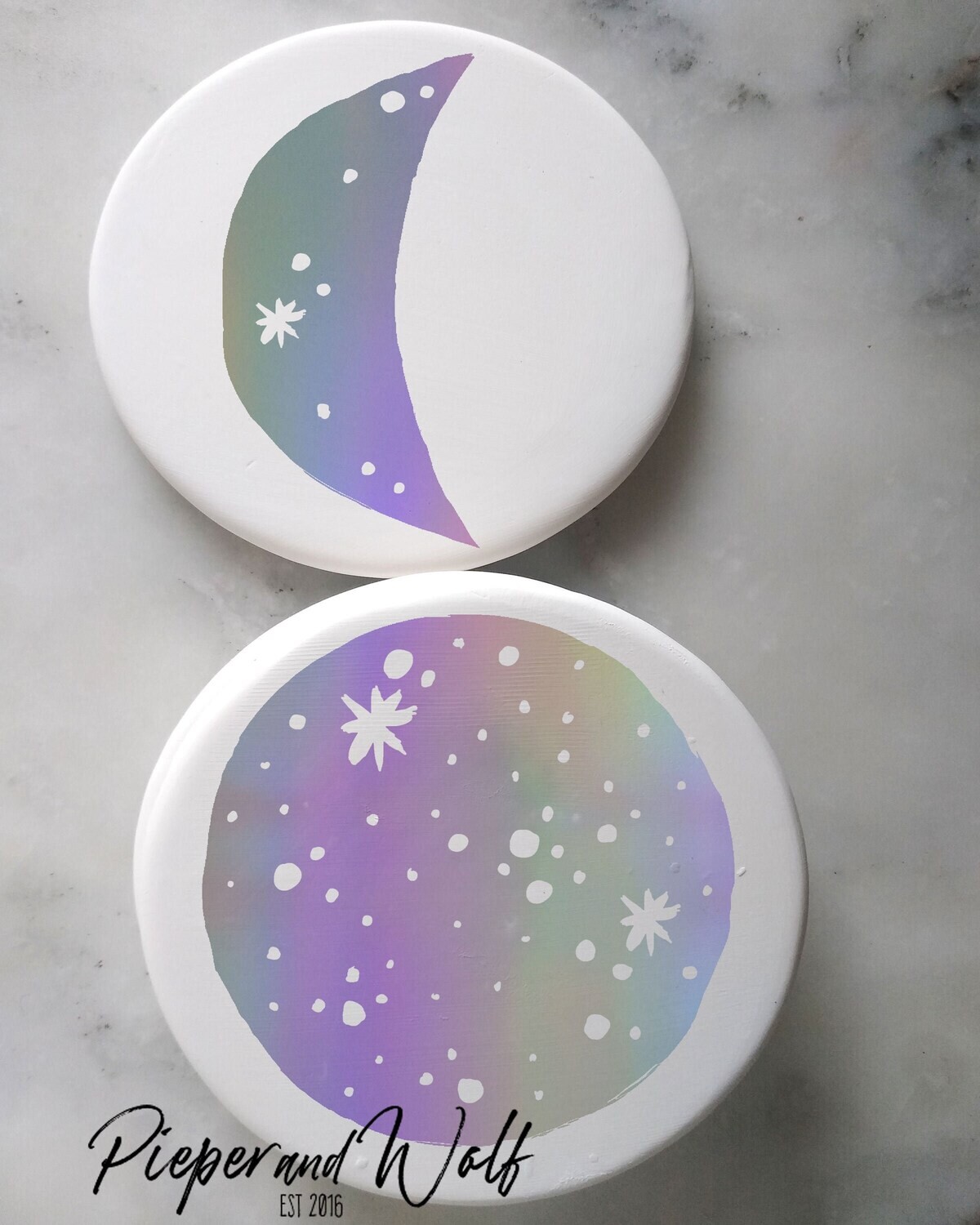 Iridescent Cosmic Moon Phases Coaster Set Celestial Crescent Moon Stars Space Galaxy Rainbow Metallic Silver Gift Home Decor Accessory