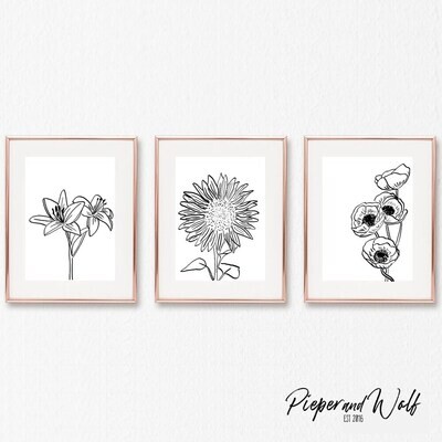 Cottagecore Wall Decor Flower Line Art Print Set Poppy Lillie Sunflower Wild Flower California Spring Home Decor Gallery Wall Modern