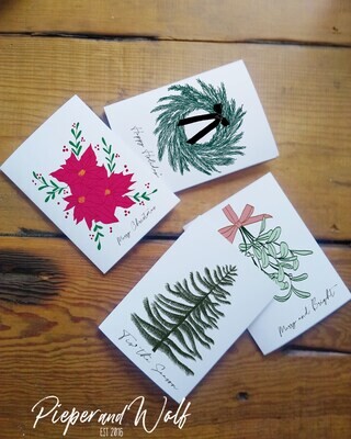 Christmas Cards Set Wreath Poinsettia Christmas Tree Mistletoe Tis the Season Happy Holidays Greetings Cards Stationery Stationary