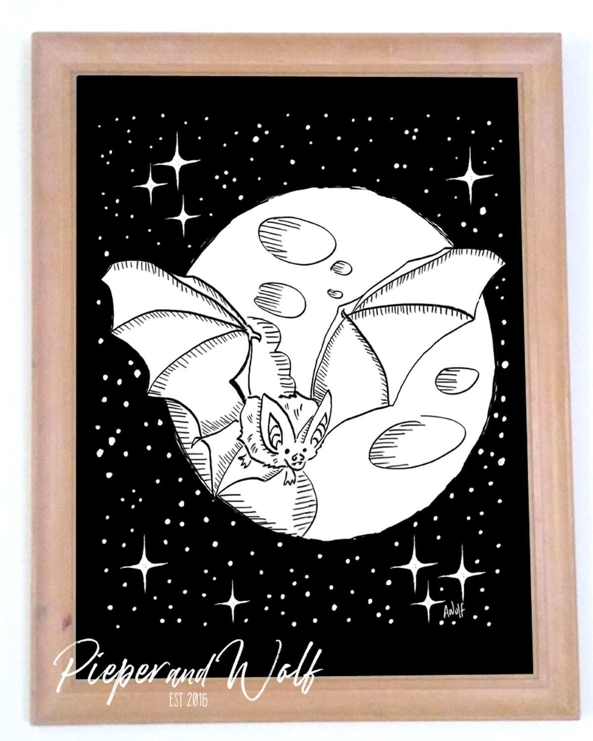 Cosmic Bat Art Print Moon Starry Night Galaxy Vampire Wall Decor Illustration Inktober Halloween Decor