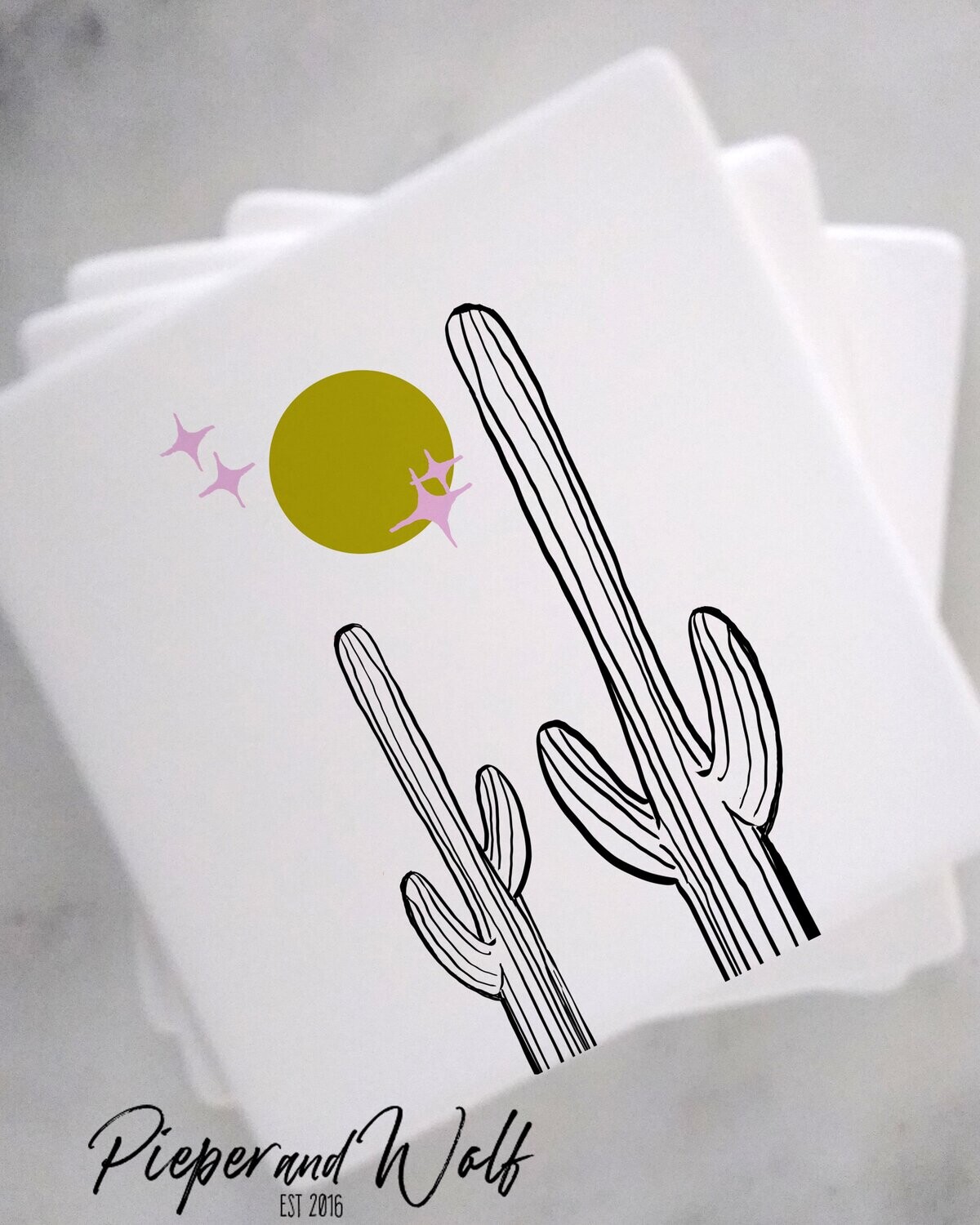 Celestial Cactus Coaster Set Desert Retro Moon Stars Cacti Summer Home Decor Joshua Tree Saguaro Pink Harvest Gold