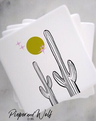 Celestial Cactus Coaster Set Desert Retro Moon Stars Cacti Summer Home Decor Joshua Tree Saguaro Pink Harvest Gold