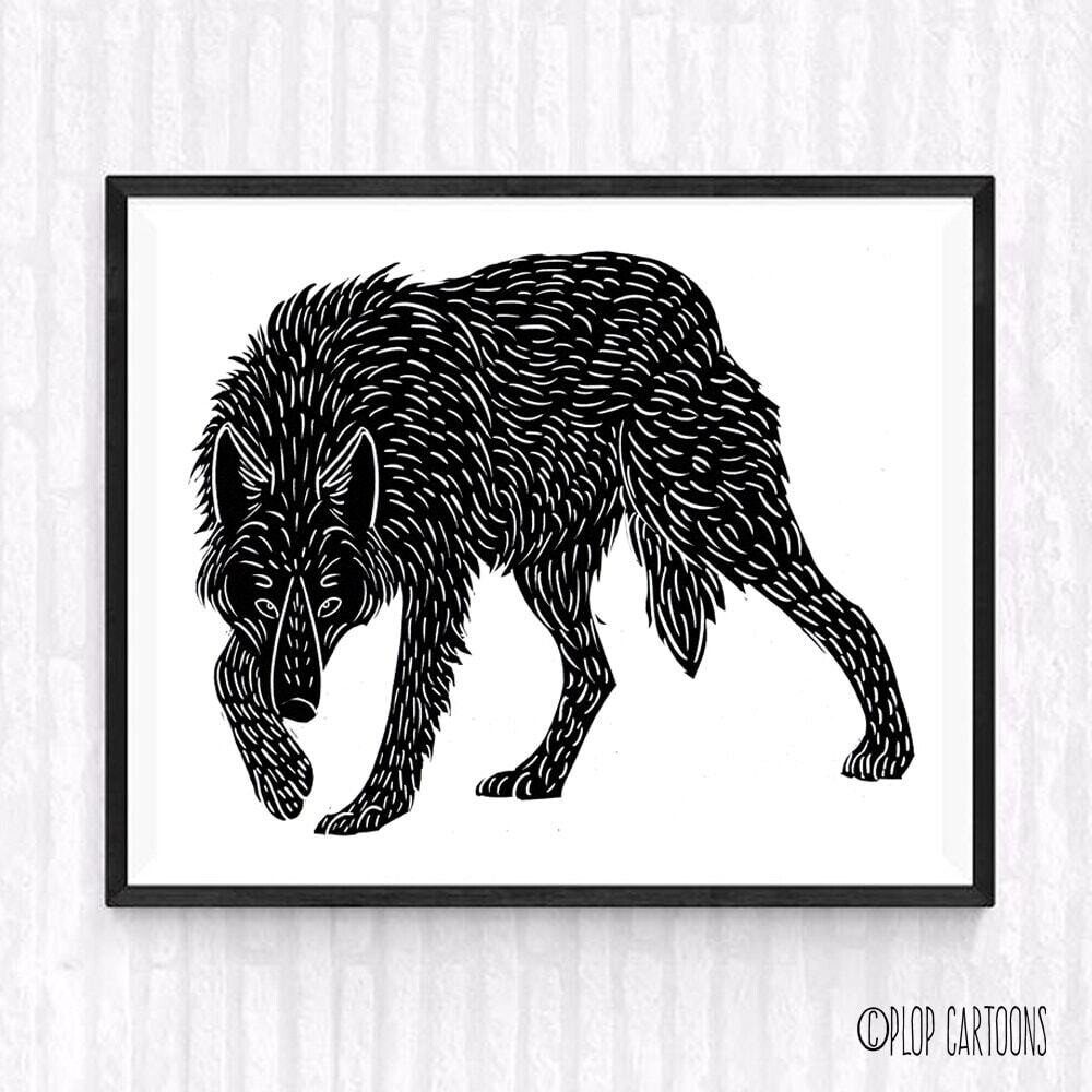 Wolf Art Print Wall Decor Home Wolf Illustration Giclee&#39; Block Print