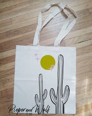 Celestial Cactus Tote Book Shopping Bag Purse Desert Retro Moon Stars Cacti Summer Home Decor Joshua Tree Saguaro Pink Harvest Gold