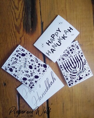 Hanukkah Card Set Pretty Hannukah Chanukah Holiday Greeting Card Gift Wrap Dreidel Menorah Blue Floral Botanical Leaf Bohemian Danish Design
