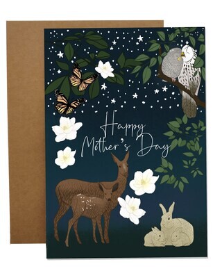 Happy Mother&#39;s Day Card Cosmic Forest Cottagecore Baby Animals Butterflies Owls Flowers