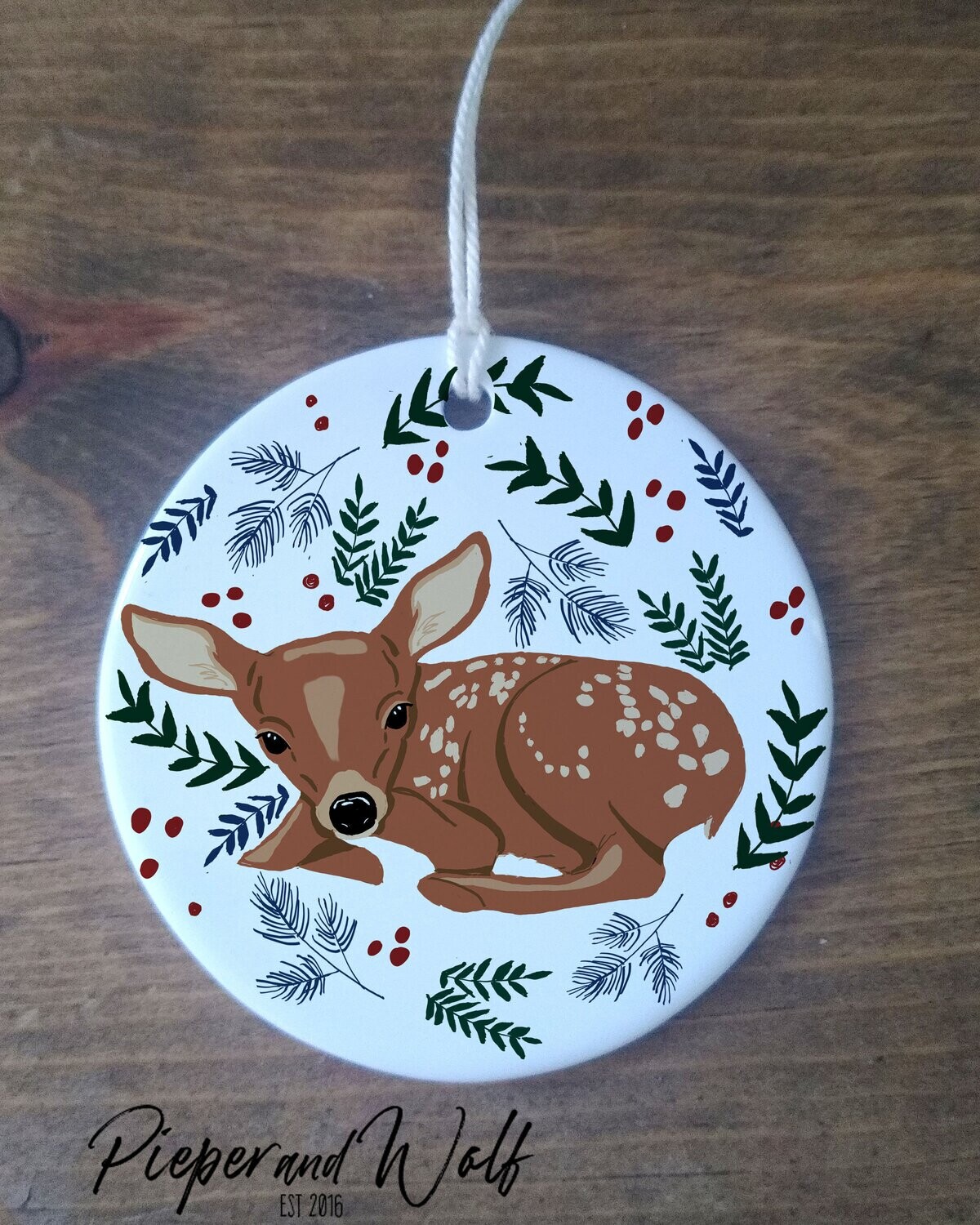 Forest Baby Deer Leaves Berries Ceramic Christmas Ornament Gift