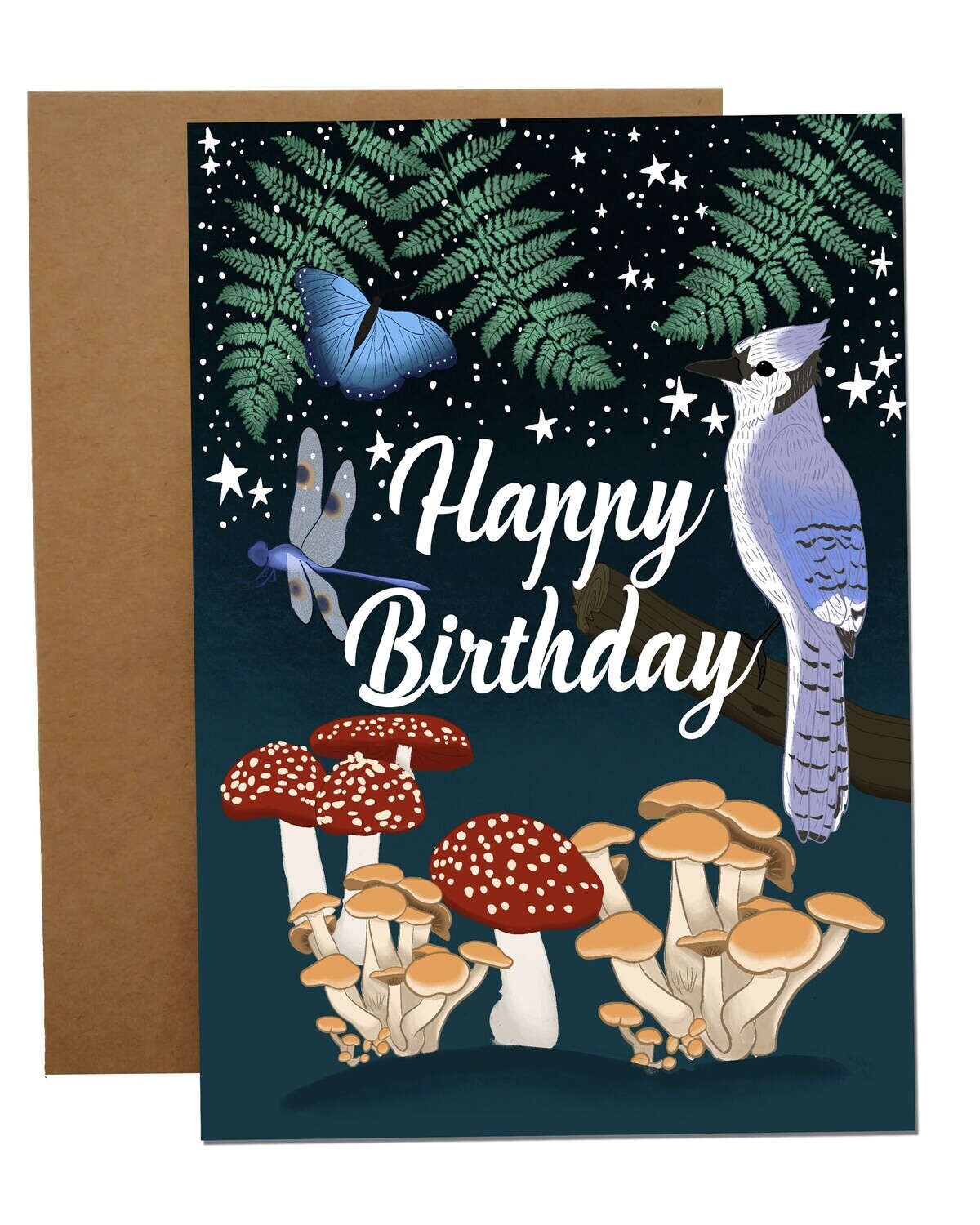 Happy Birthday Card Beautiful Cottagecore Greetings Card Blue Jay Butterflies Magical Mushrooms Cosmic