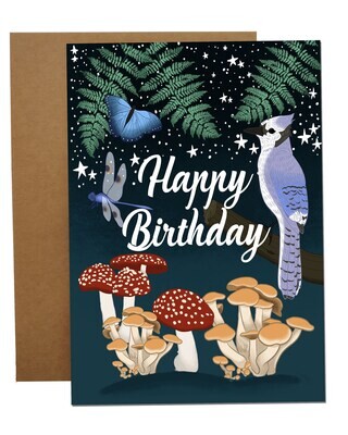 Happy Birthday Card Beautiful Cottagecore Greetings Card Blue Jay Butterflies Magical Mushrooms Cosmic