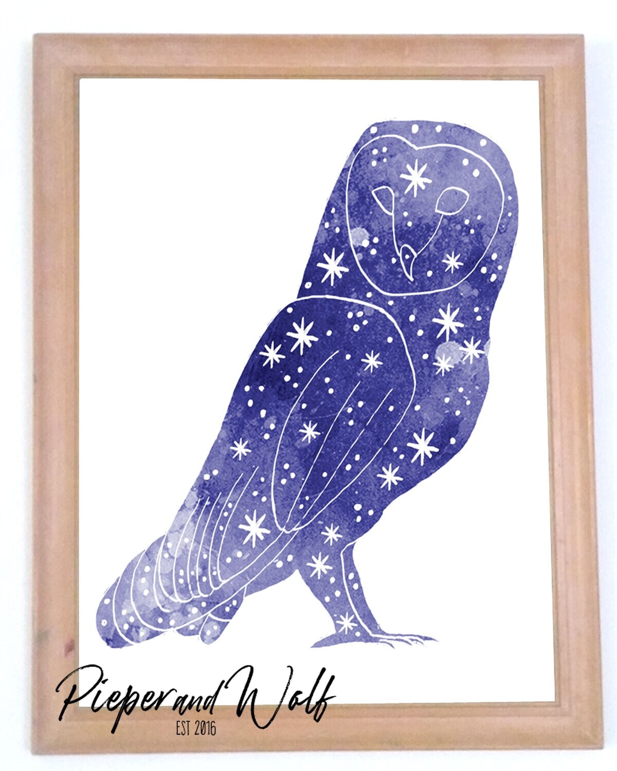 Cosmic Owl Witch Space Galaxy Stars Blue Watercolor Wall Art Print Barn Owl Illustration Celestial Stars