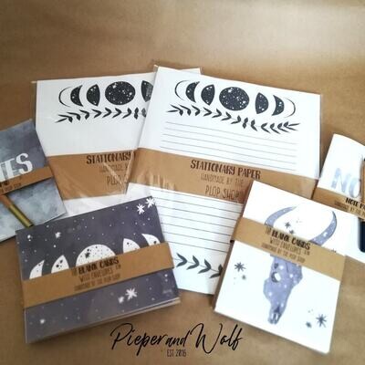 Cosmic Celestial Desert Paper Stationery Stationary Set Celestial Moon Phases Cow Skull Rustic Cards Gift Envelopes Night Sky