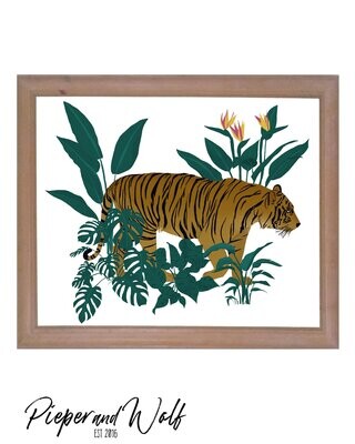 Jungle Tiger, Art Print, floral, vines, nature, wall art, Monstera, Birds of Paradise, Palm Leaves, Tropical Illustration