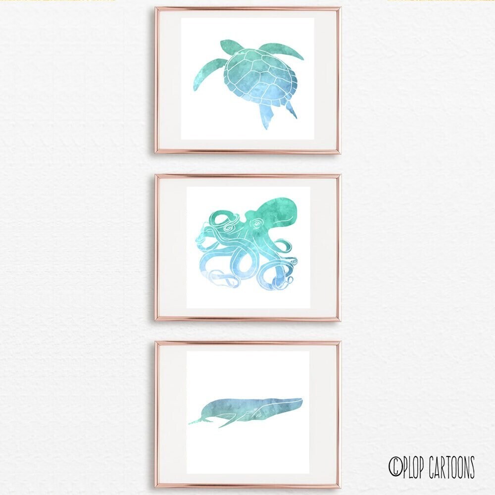 Coastal Watercolor Art Print Beach House Octopus, Sea Turtle, Blue Whale Nautical Illustration Wall Decor Ocean Theme Pool