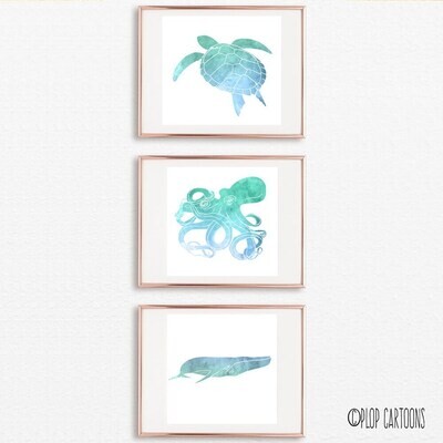 Coastal Watercolor Art Print Beach House Octopus, Sea Turtle, Blue Whale Nautical Illustration Wall Decor Ocean Theme Pool