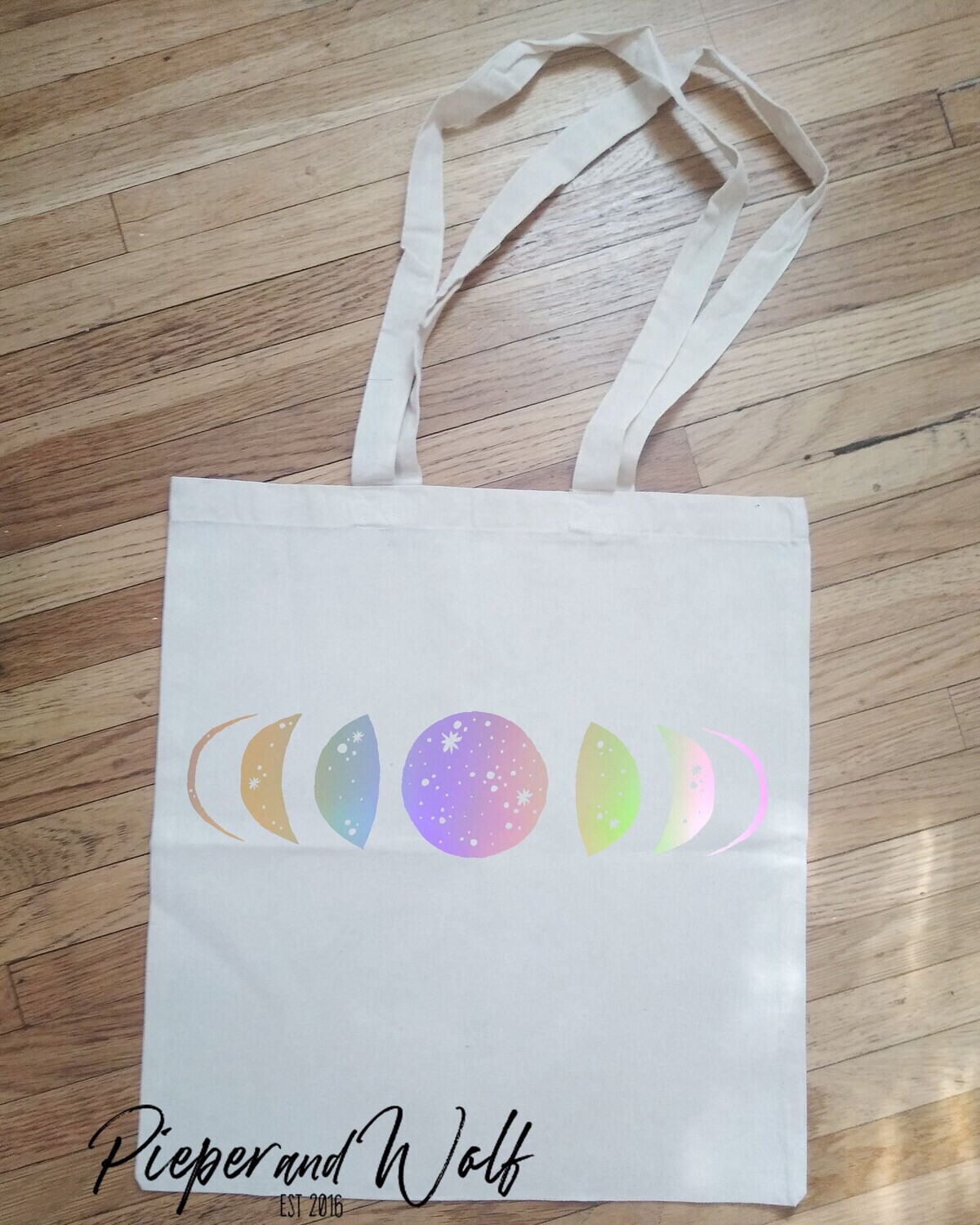 Iridescent Cosmic Moon Phases Tote Bag Shopping Books Purse Celestial Crescent Moon Stars Space Galaxy Rainbow Metallic Silver Gift