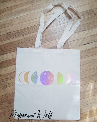 Iridescent Cosmic Moon Phases Tote Bag Shopping Books Purse Celestial Crescent Moon Stars Space Galaxy Rainbow Metallic Silver Gift