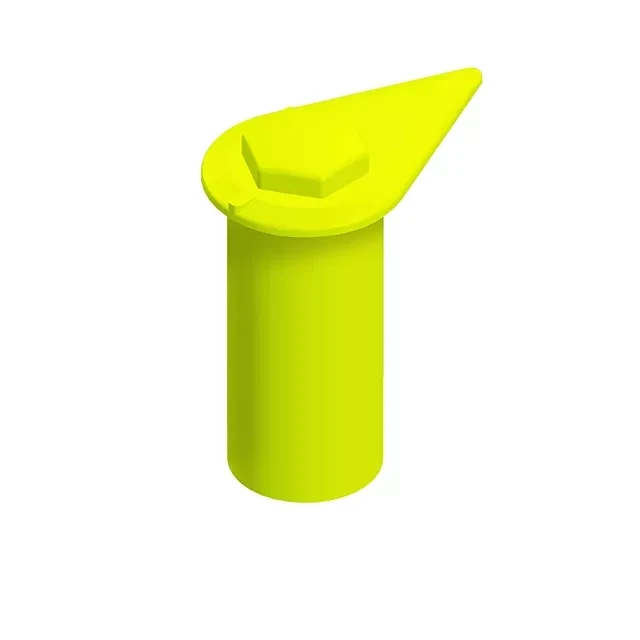 A 19mm fluorescent yellow extended long reach barrel indicator with a protective cap