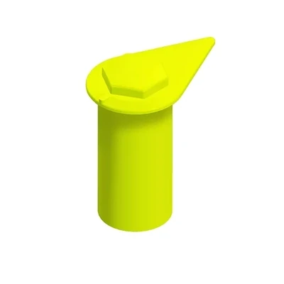 A 21mm fluorescent yellow extended long reach barrel indicator with a protective cap