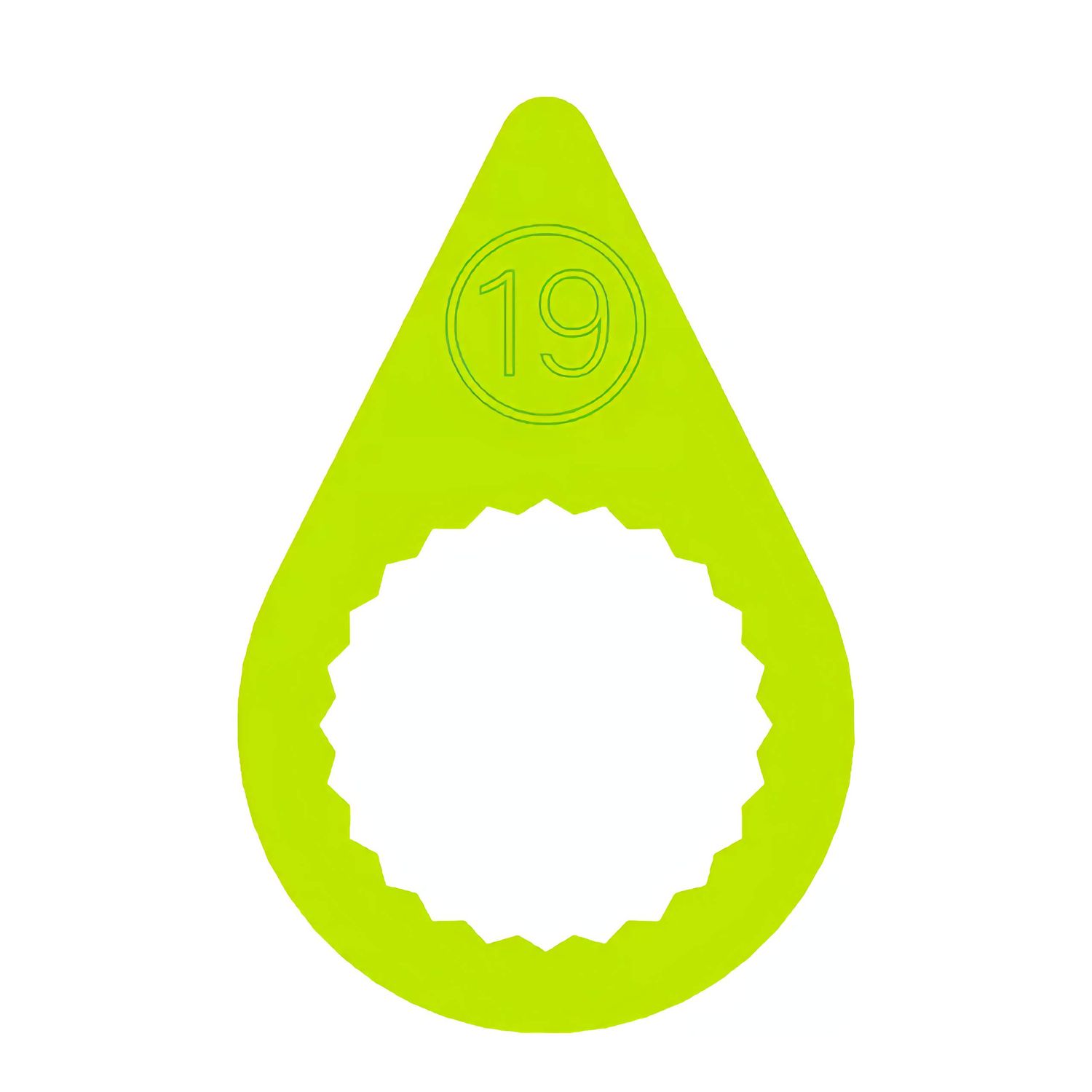 A 19mm fluorescent yellow pointed wheel nut indicator with a flat ring base to suit steel rims