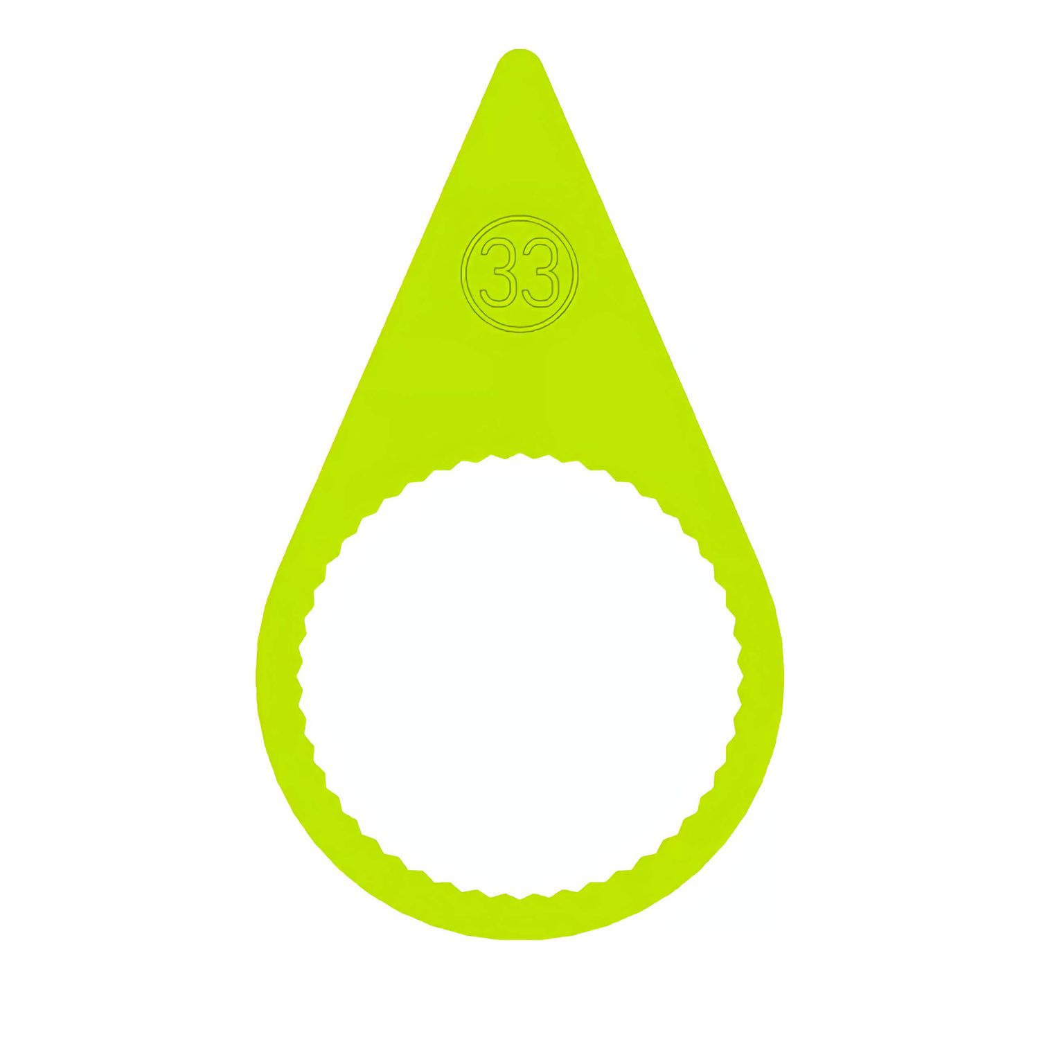 A 33mm fluorescent yellow pointed wheel nut indicator with a flat ring base to suit steel rims