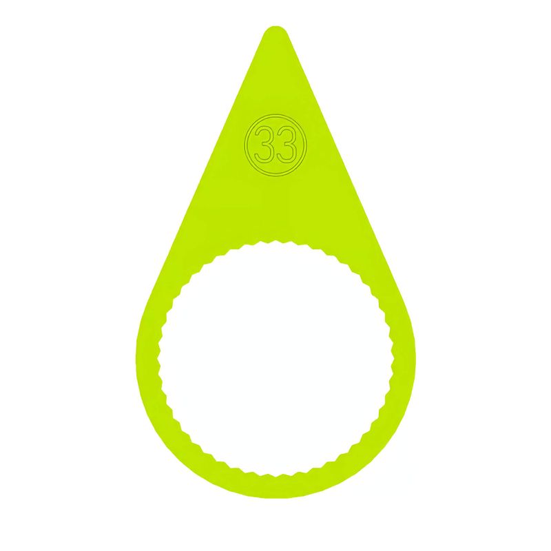 A 33mm fluorescent yellow pointed wheel nut indicator with a flat ring base to suit steel rims
