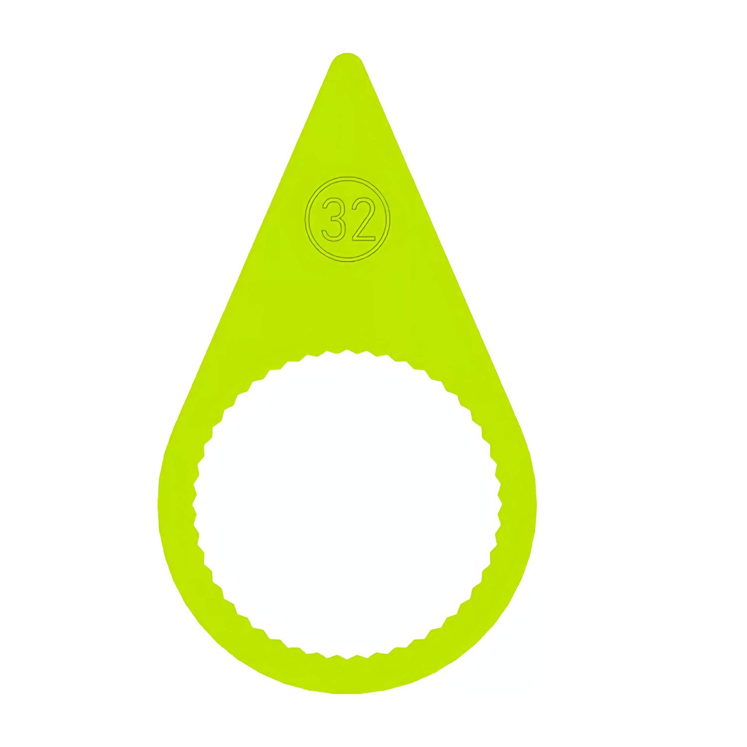 A 32mm fluorescent yellow pointed wheel nut indicator with a flat ring base to suit steel rims