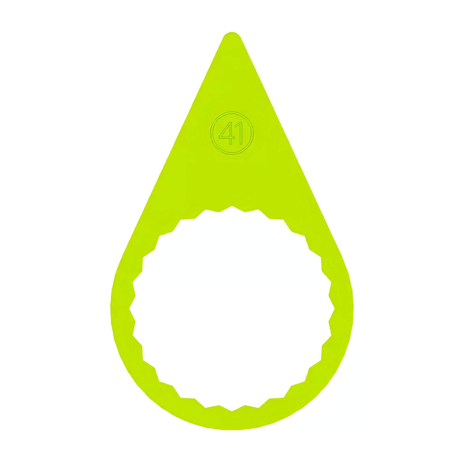 A 41mm fluorescent yellow pointed wheel nut indicator with a flat ring base to suit steel rims
