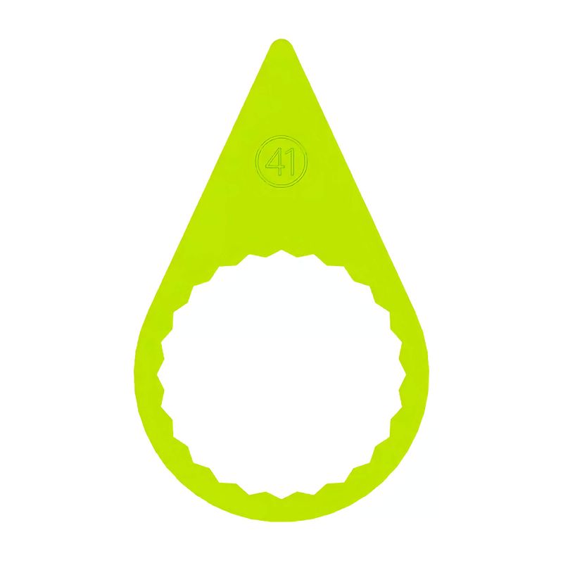 A 41mm fluorescent yellow pointed wheel nut indicator with a flat ring base to suit steel rims