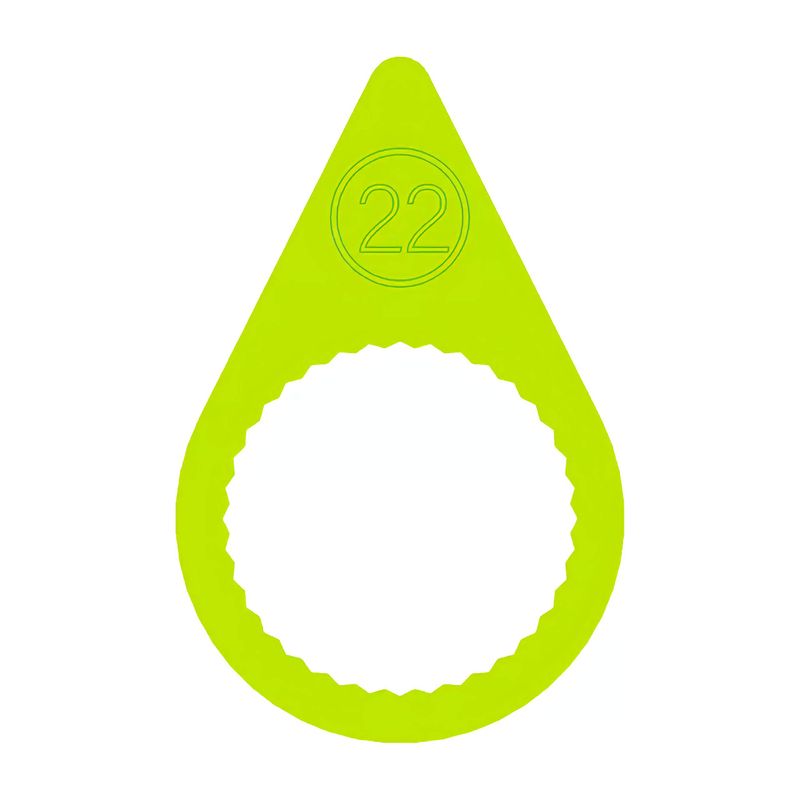 A 22mm fluorescent yellow pointed wheel nut indicator with a flat ring base to suit steel rims